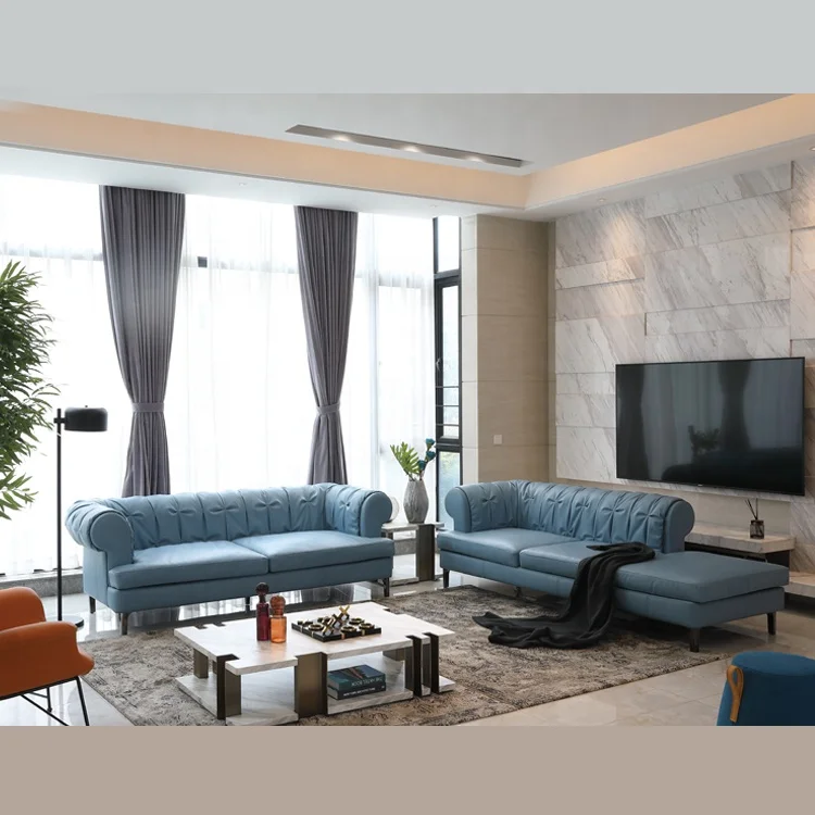 italy modern living room sofa sky blue copy leather 2 seater couch sofa set