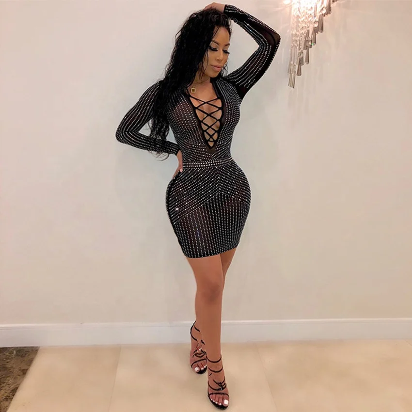 Hottest women diamond dress rhinestone mesh bodycon club dresses evening Ladies sexy Prom night party dress