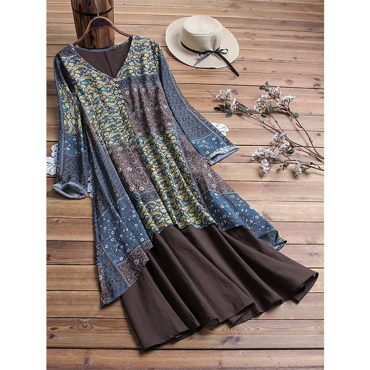 Ladies Casual Dress Light Green Floral Patchwork Layered Linen Blend Midi Long Floral Dress