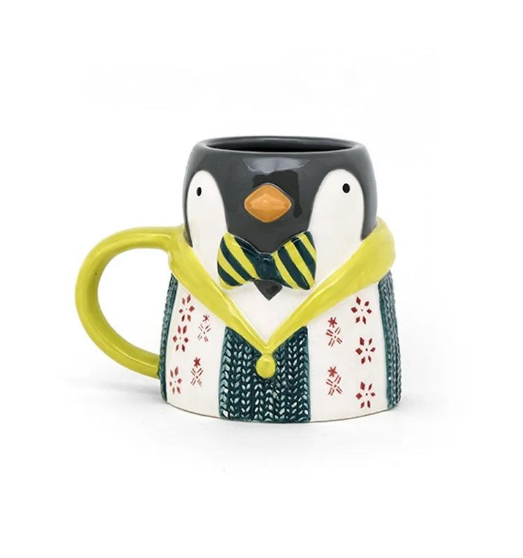 Wholesale 3D Animal penguin shaped Ceramic Milk Mugs Porcelain Christmas Gift with Handpainting