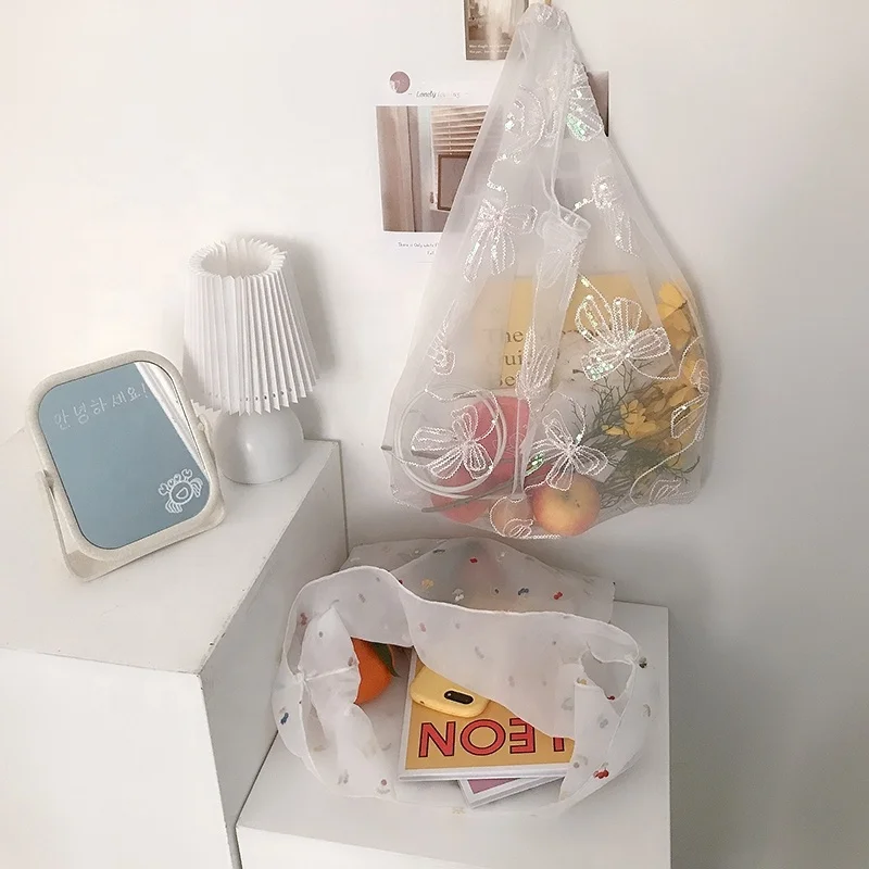 Custom Shopping Organza Tote Bag With Handle Mesh Organza pouch Shoulder Bag Organza Fabric Strong Tote bag For Shopping