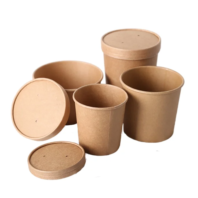 Disposable Kraft Paper Hot Soup Cup with Paper Lid Take away