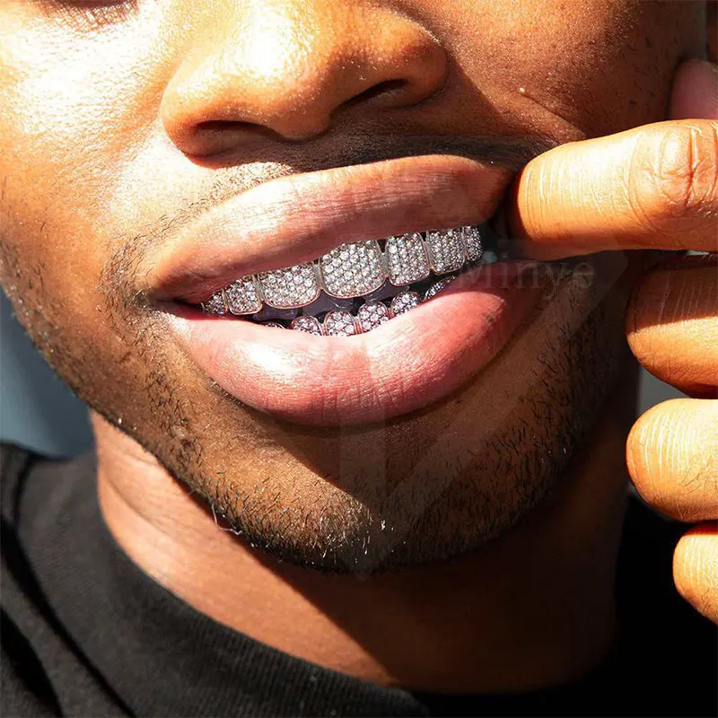 Hip Hop Jewelry  Grills Ice S925 Silver Moissanite Bling Bling Silver White Gold plated Diamond personality Custom teeth Grills