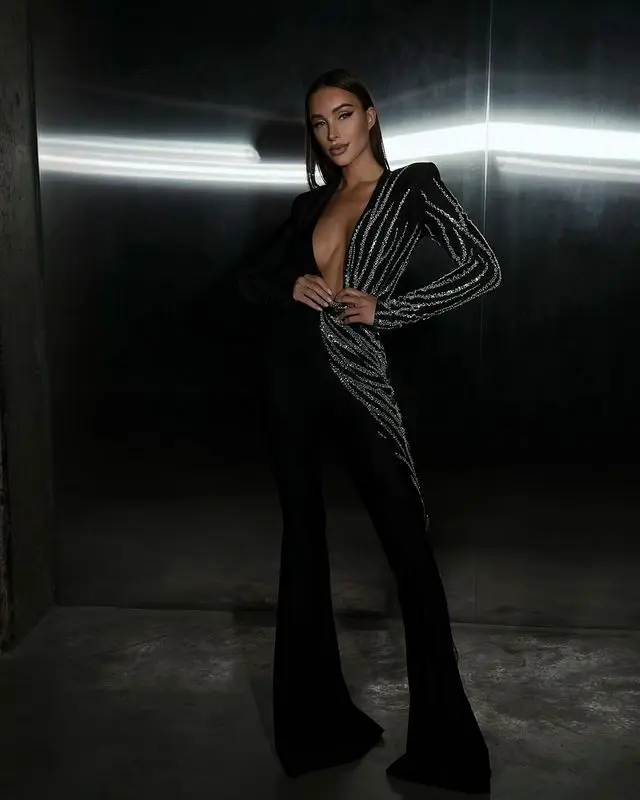 A8894 Elegant Styles Beaded Women One-piece Jumpsuit Black Long Pants Ladies Party Jumpsuit