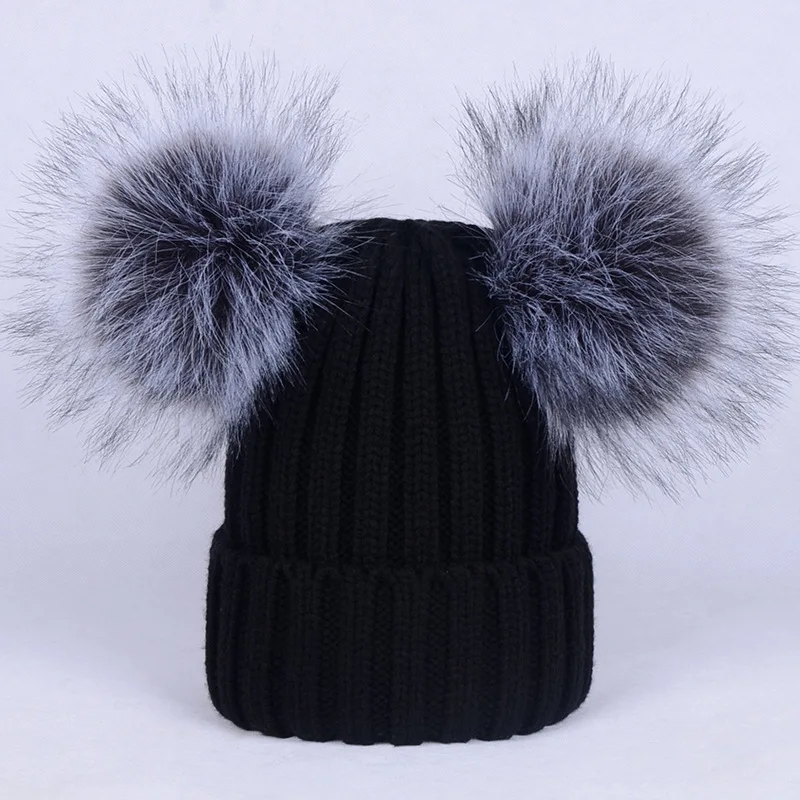 2024 New arrival ebay hot sale faux silver fox knitted hat with double fur pom poms  for children adult