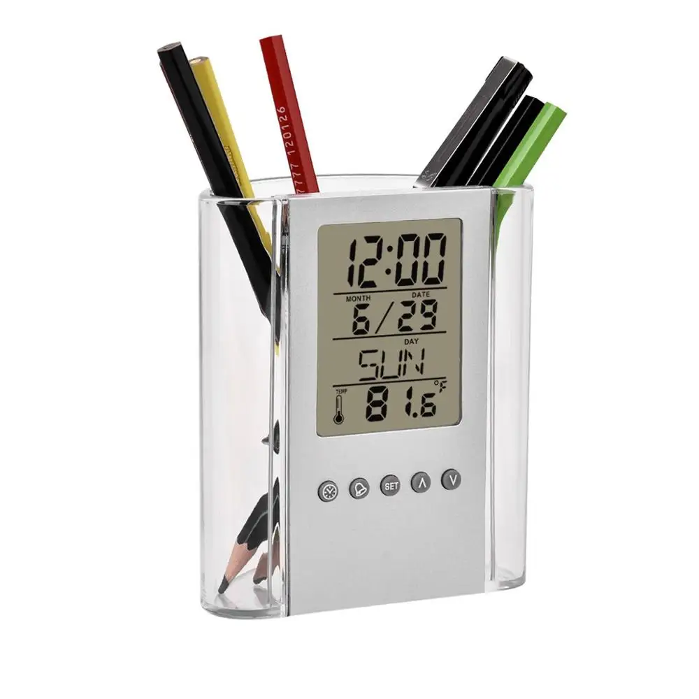 Desktop Perpetual Calendar Temperature LCD Electronic Nurse Pen Holder with Alarm Clock for Home Office