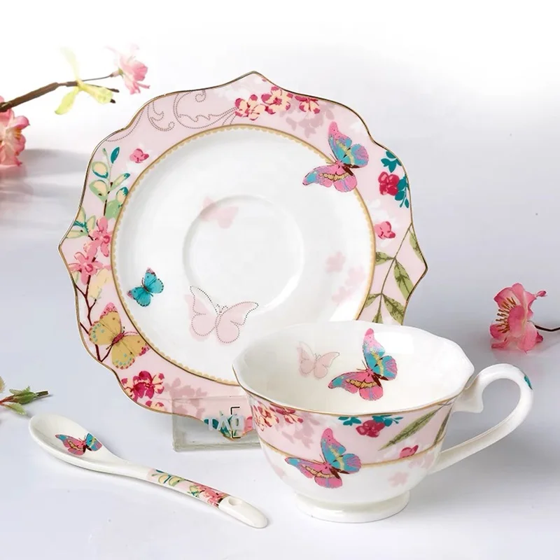 Elegant European luxury ceramic butterfly flower tea cup porcelain English afternoon tea & coffee cup and saucer set