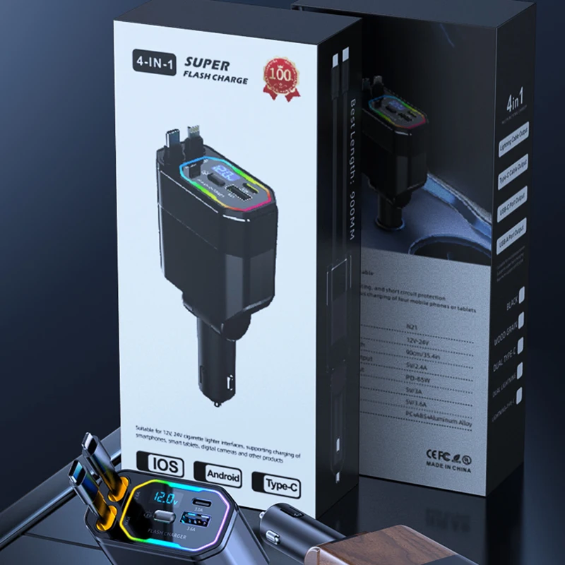 Hot Selling 4-in-1 Retractable 12V/24V C Type USB Port Car Charger Cyberpunk Design Style Efficient Wireless Adapter Made PC