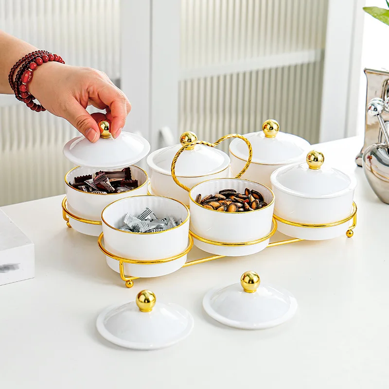 Light Luxury Divided Dim Sum Refreshment Tray with Lid Fruit Melon Sown Snack Dried and Nut Plate for High-end Living Room