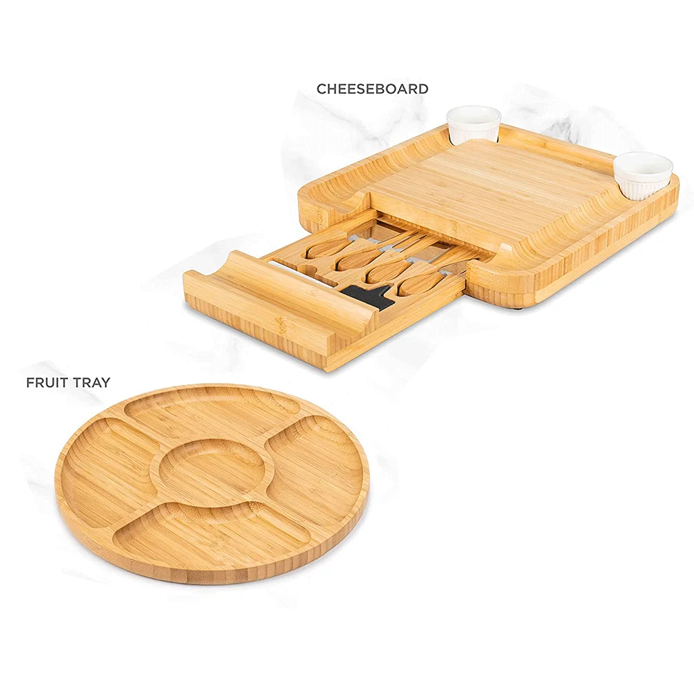 Bamboo Cheese Board Set Magnetic Slide-Out Drawers Charcuterie Plate Set With Ceramic Bowls And Cutlery Knife