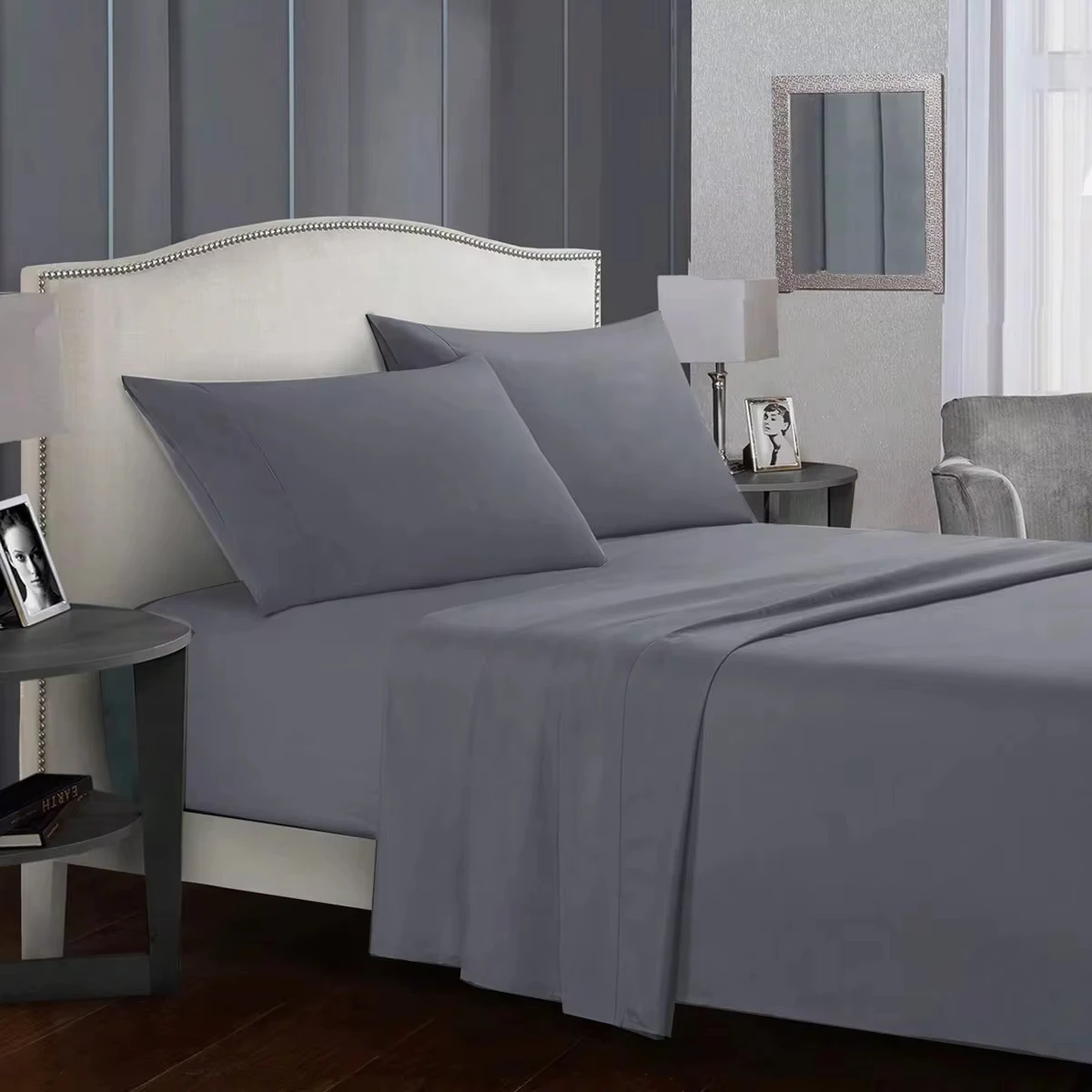 3_4pcs Solid Bedding Set Waterproof Fitted sheet  Bed Sheet   Pillowcases Soft  Queen  KIng Full  Twin Size  White and Gray