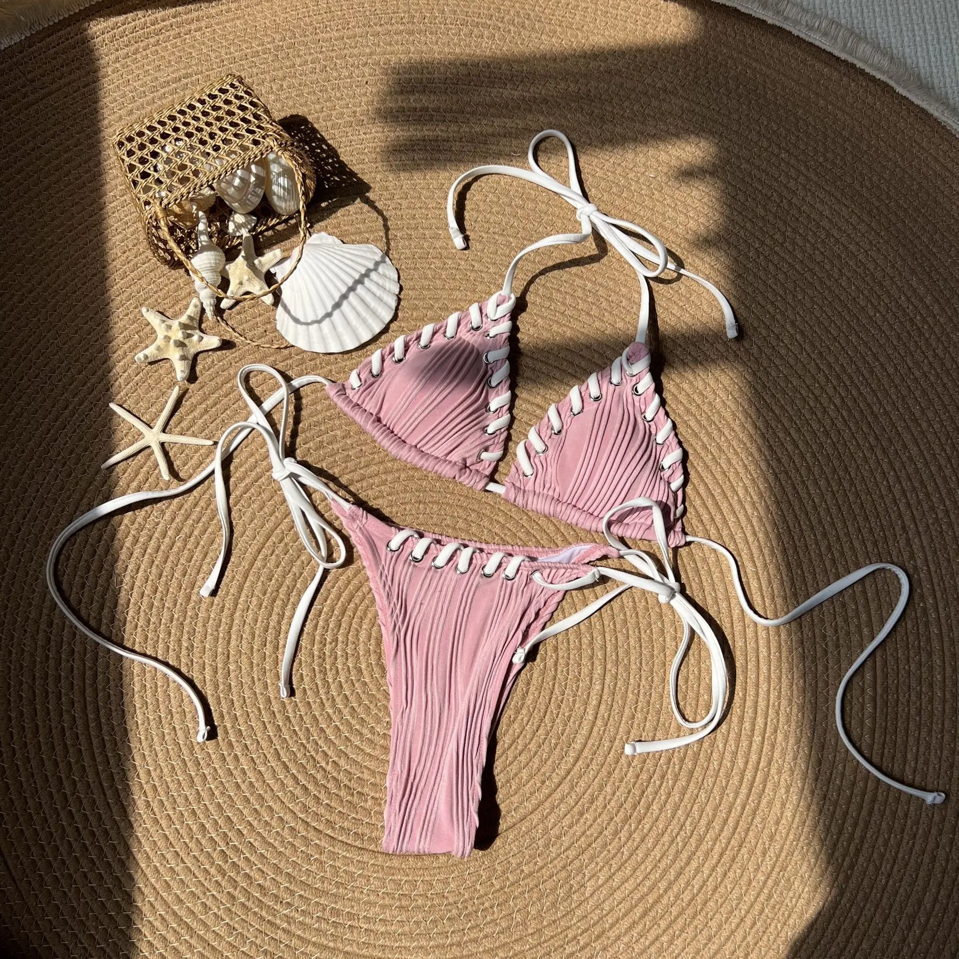 Hot Sale Triangle Top Textured Ribbed Swimwear Sexi Lady Mini Brazilian Bikini