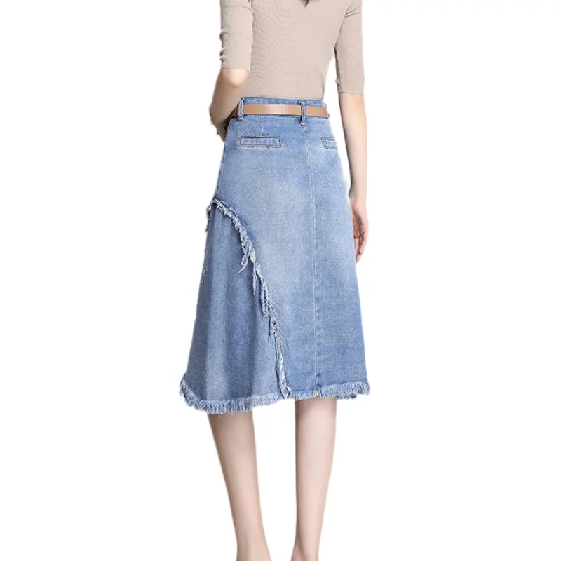 2023 Women Ripped Midi Denim Skirt in Cotton Class Washed Denim Mini Skirts Ladies midi skirt