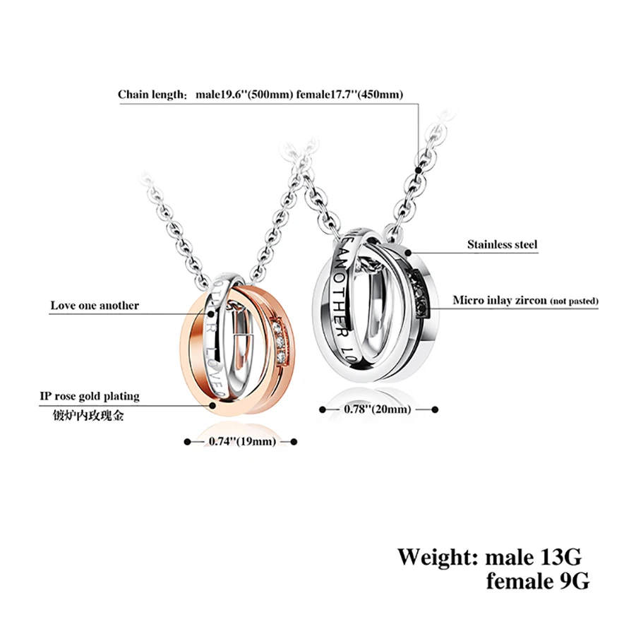 Оптовая продажа, мужские и женские кольца для влюбленных из титановой стали, розовое золото, серебро, индивидуальные парные кольца, ювелирные изделия, ожерелья с двумя кольцами