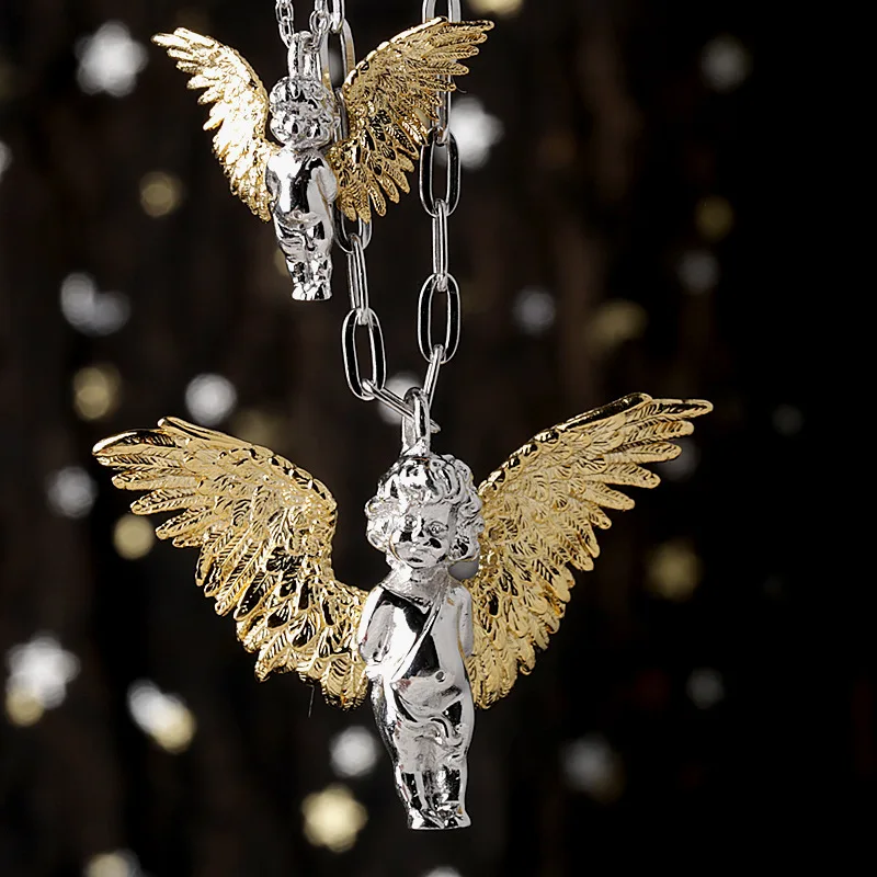 sterling 925 silver hip hop jewelry fashion men punk personalized  necklace PVD 24K gold plated wing angle pendant cable chain