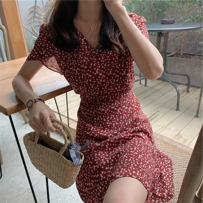 Summer hot sale Women v-neck short sleeves full lined dress Chiffon fabric dress