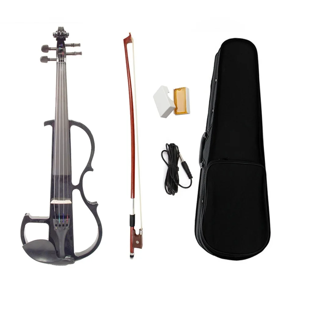 wholesale 4/4 plywood basswood black color electric violin with cable earphone