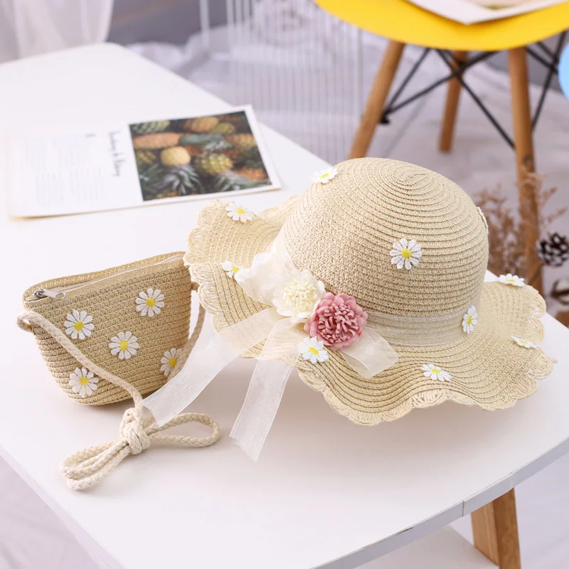 Girls straw hat summer new style ribbon flower kid sun hat sun hat + bag