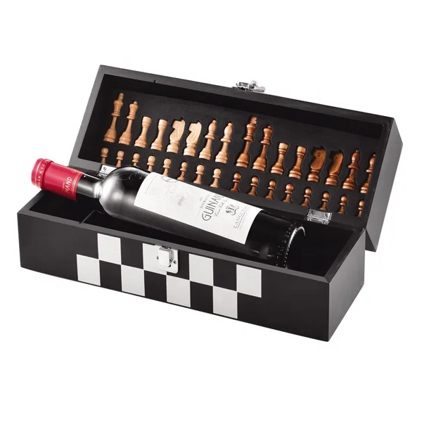 black MDF wooden case for 1bottle with chess set