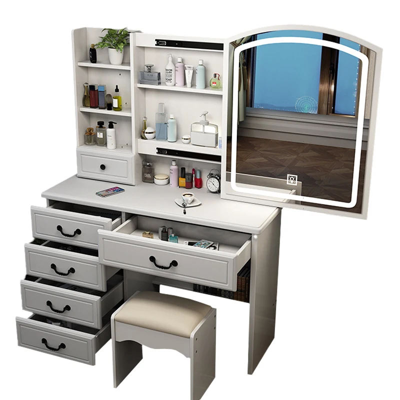 Modern Makeup Table Vanity Dressing Table With  LED Lights Mirror And Stool