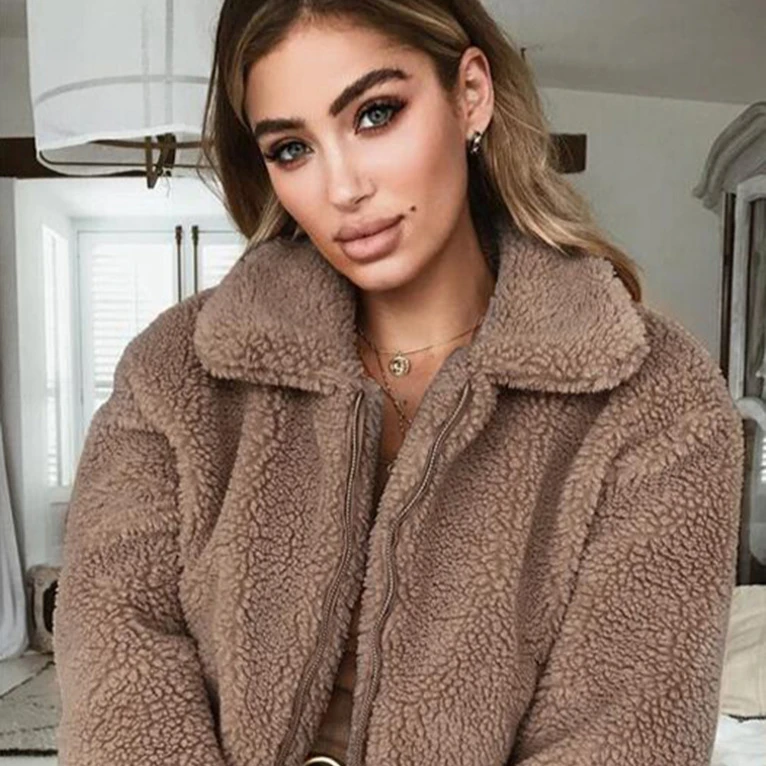 Fashion lady lapel  loose coat solid color plush warm long sleeve coat women