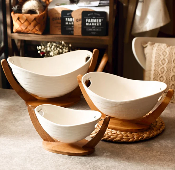 3 Pcs set Relish Tray with White Ceramic Bowl. Server Set with Bamboo Rack