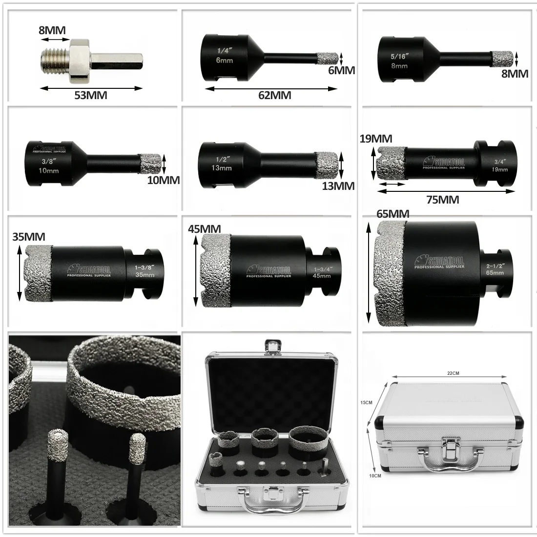 SHDIATOOL OEM 1 комплект/9Ppcs 6 + 8 10 13 19 35 45 65 мм Шестигранная плитка гранитная керамическая Алмазная коронка Набор для угловой шлифовальной машины