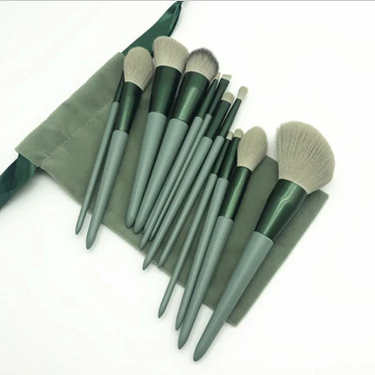 13Pcs/Set Green Plastic Handle Makeup Brush Professional Cosmetic Brush Eyeshadow Private Label Makeup Brush Set With Bag