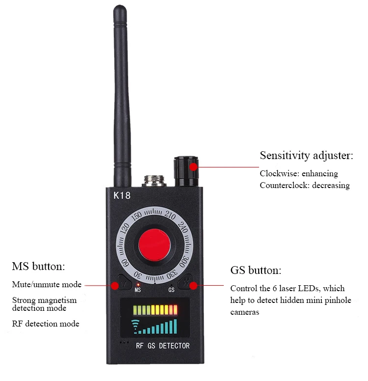 K18 Wireless Spy Bug Detector, Hidden Camera Detector, GPS Tracker Finder RF Signal Detectors GSM Magnetism Detection Scanner