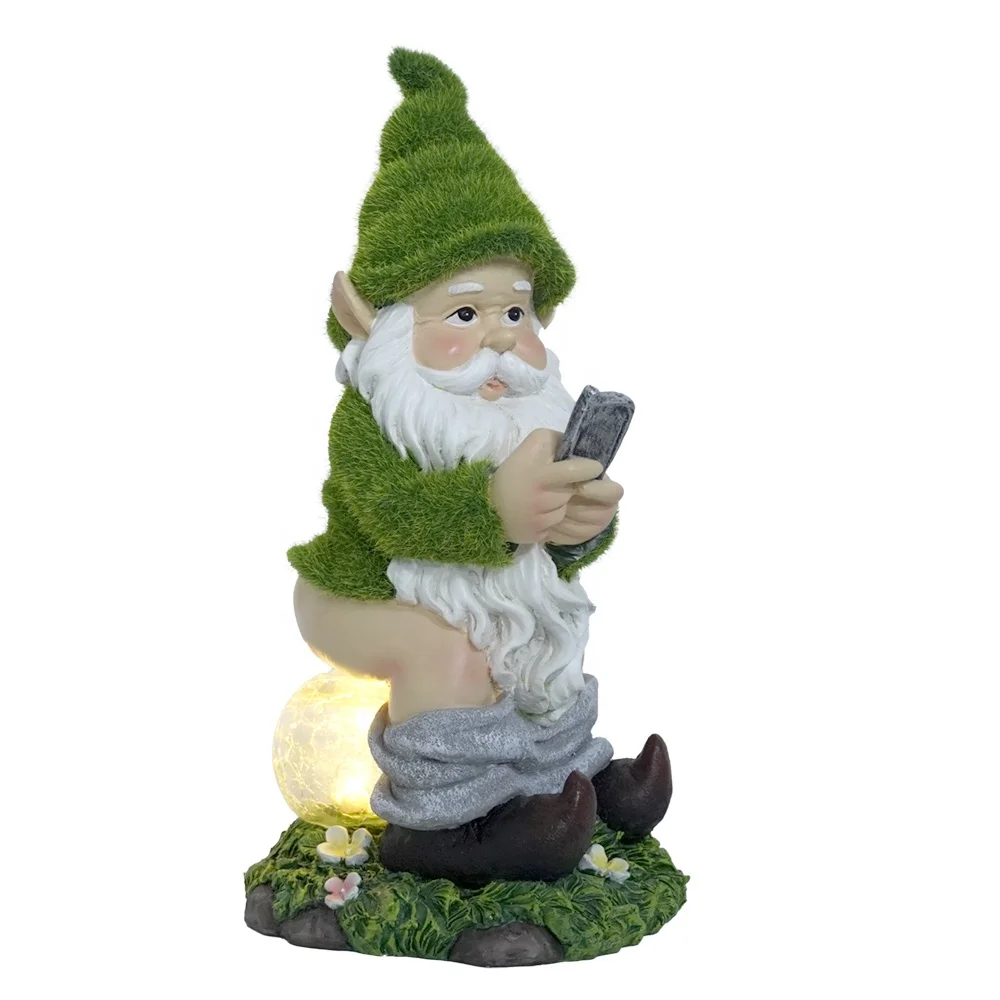 garden decoration flocked artificial moss Resin dwarf gnome statue with Mobile sitting on a glass ball with solar light
