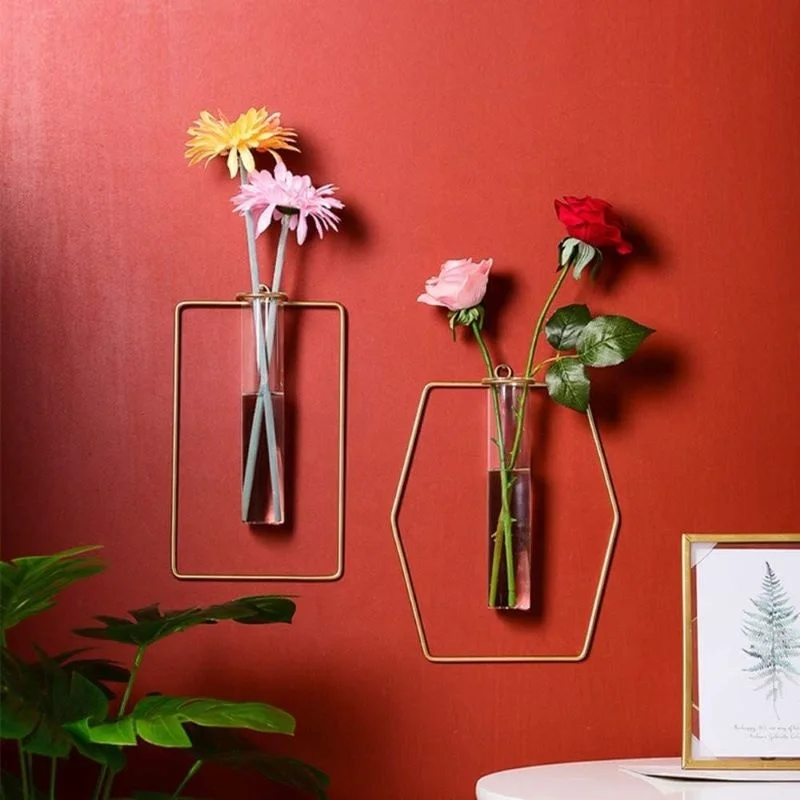Simple Glass Transparent Metal Vases for Home Decor Flower Wall Vase