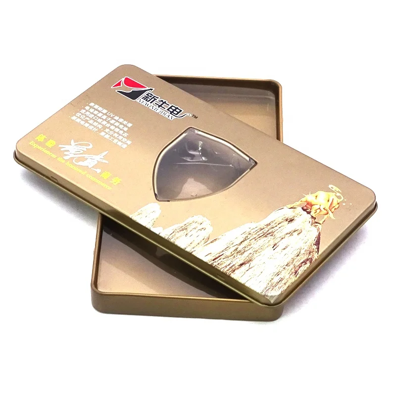 Popular Cell Battery Box Rectangle Cigarette Tin Case For Golden Tin Box With Clear Window For Electronic Tin Box
