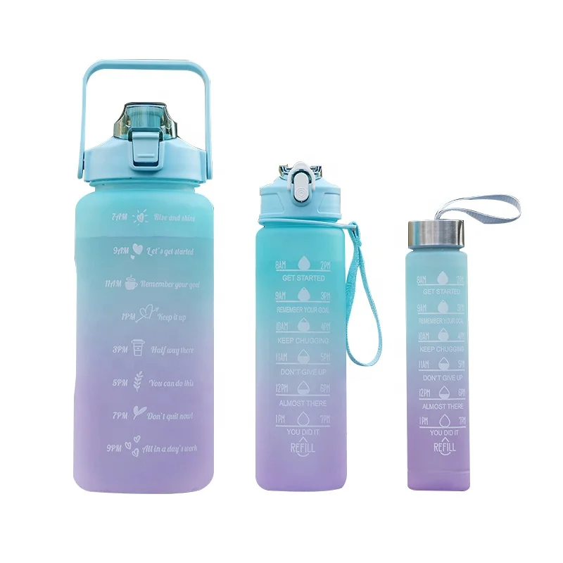 Beauchy Gradient color 3-piece set plastic water tour bottle 2000ml 64oz jug with motivational and time marker OEM ODM