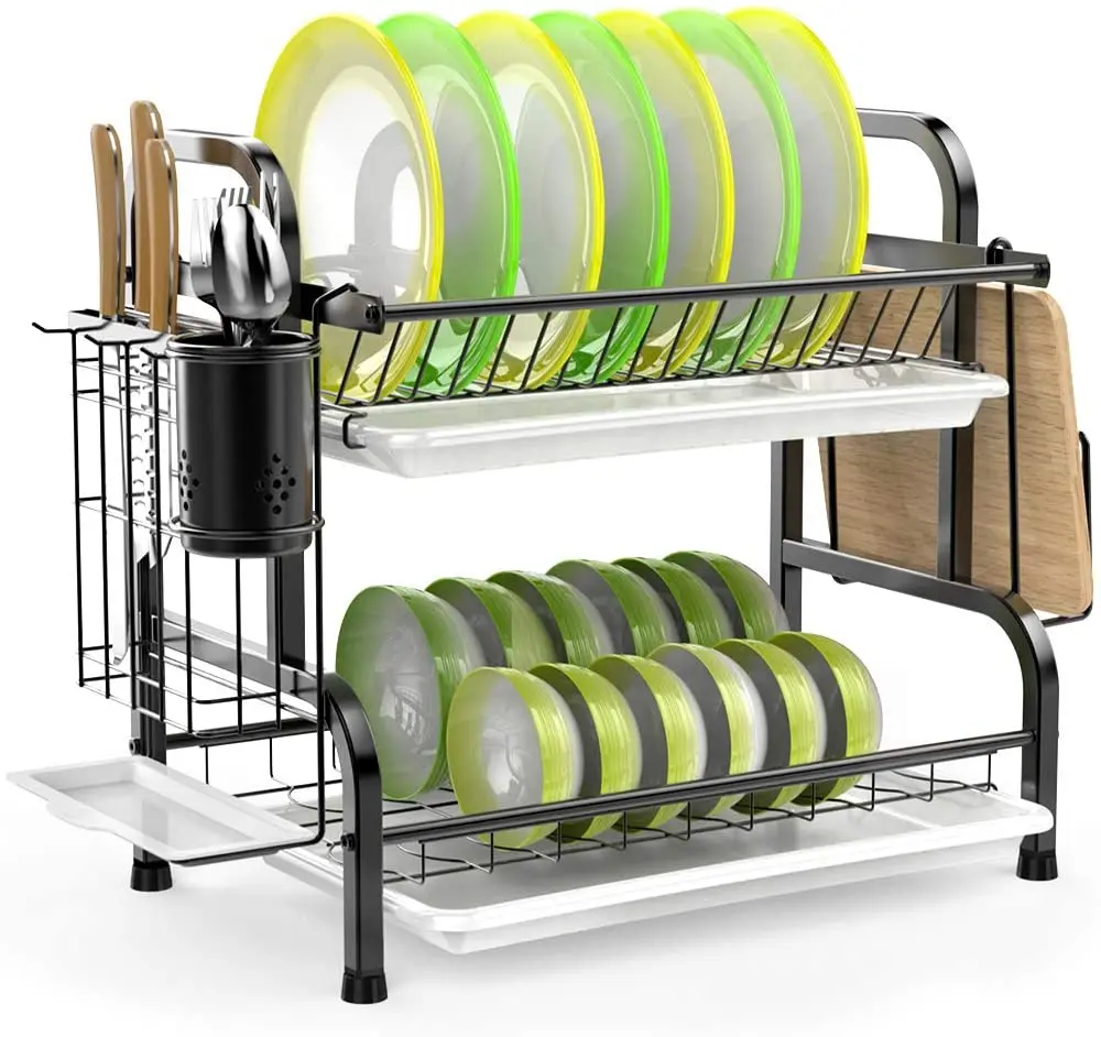 2-tier Dish Drying Rack Drainer With Utensils Holder Stainless Steel  Space Kitchen Metal Time