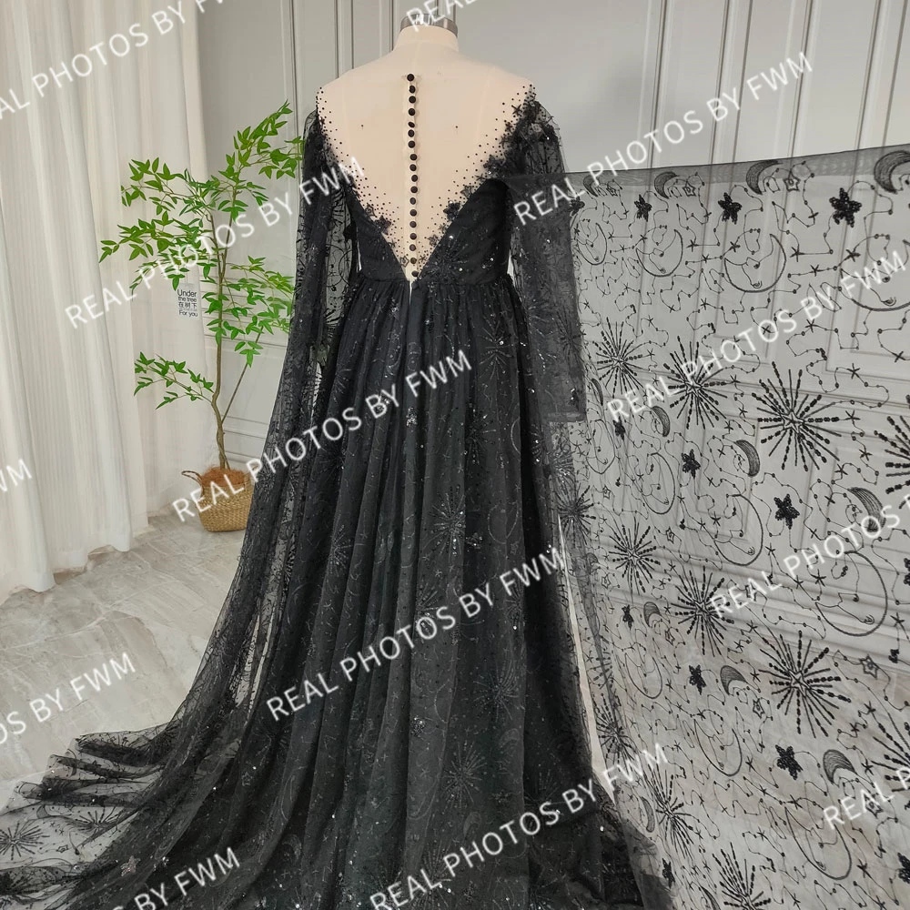 100% Real Photos High Quality Black Stars Sequined Lace Wedding Dress For Bride Women Illusion Back Bridal Gown With Cape 2024