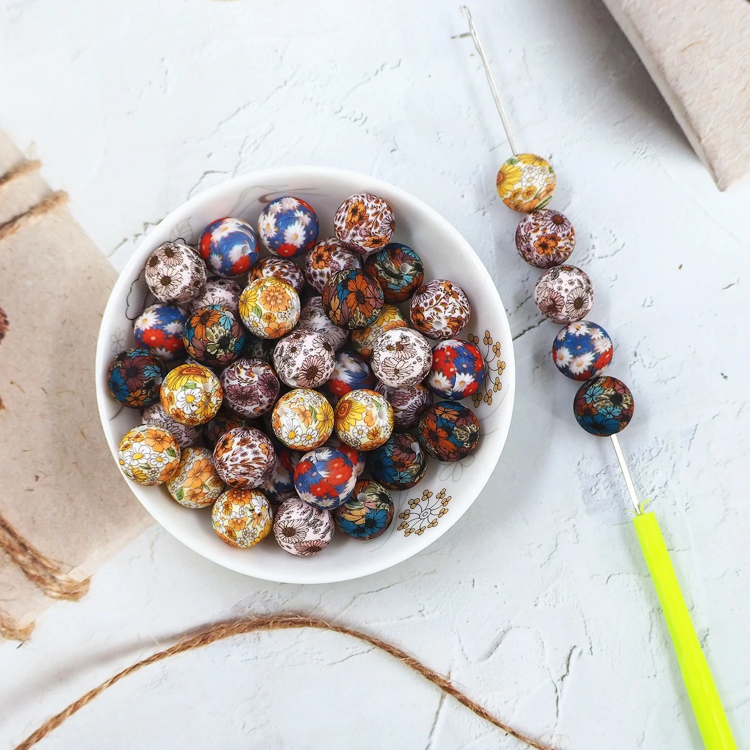 Custom Jewelry Making DIY Keychain Handmade Products Pen Beaded Round Flower Printed Silicone Beads 15mm