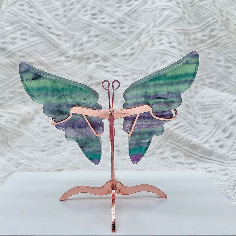 Natural healing fluorite hand carved butterfly wings gold fairy wings with stand for home decoration
