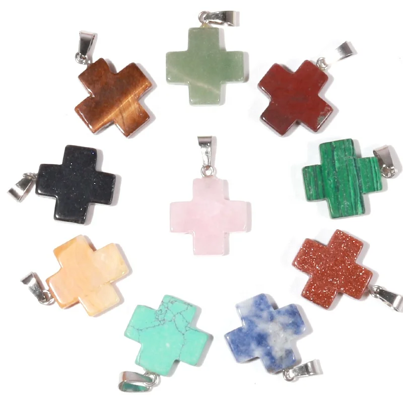 Fashion Natural Stone Crystal Healing Cross Pendant Necklace Jewelry Gemstone Cross Pendants For Jewelry Making