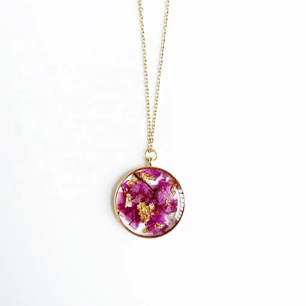 Gold flake in epoxy resin frames Natural flower pendant preserved real pressed bougainvillea petal necklace