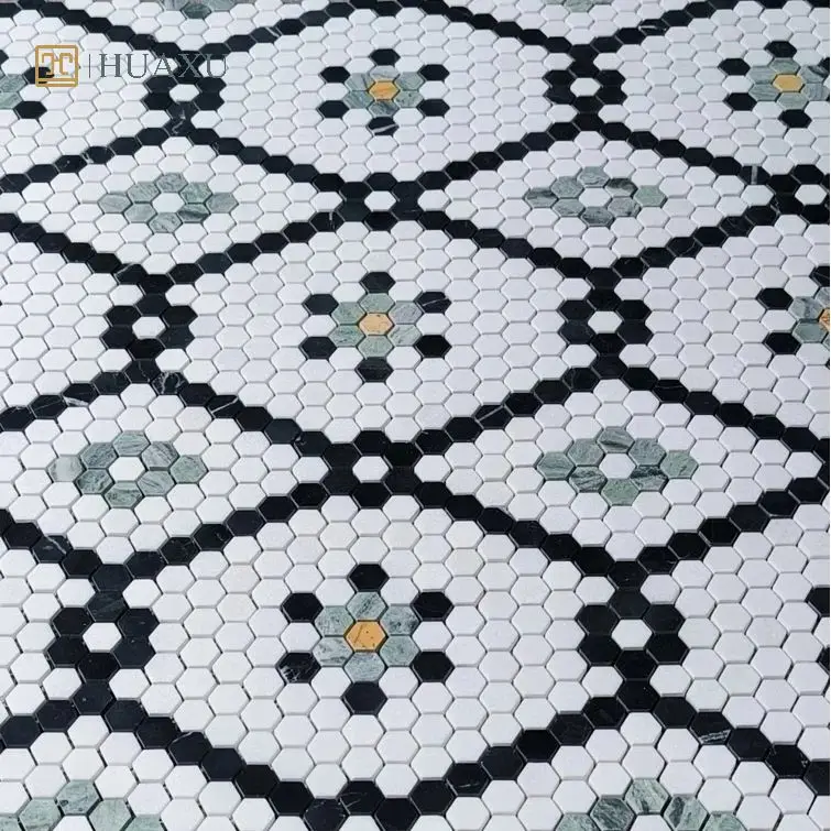 Huaxu Natural Green Marble Easy Installation Honeycomb Pattern Premium Quality Sheet Look Wall Mosaic Tiles