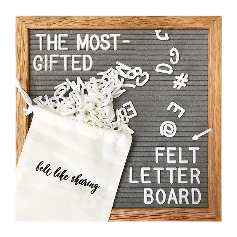 Gray Felt Letter Board 10x10 Inches. Changeable Letter Boards Include 300 White Plastic Letters & Oak Frame