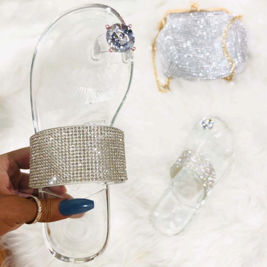 
Ladies Beach Slides Slippers Women Footwear Diamond Shining Sparkle Flat Transparent Slides Jelly sandals 