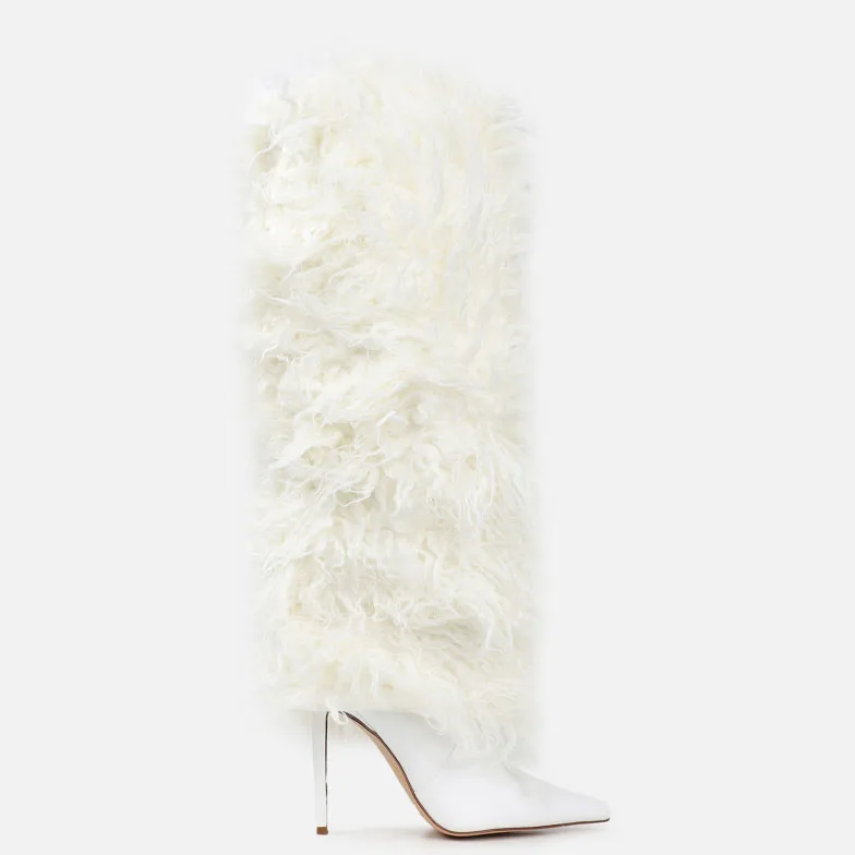 New White Faux Fur Fold Over Knee Boots Thin High heel Pointed Toe Womens Shoes