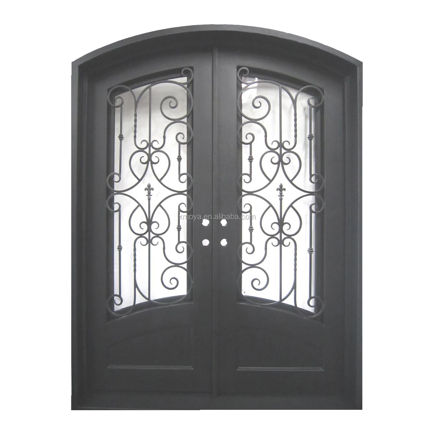 Modern Sheet Metal Wrought Iron Main Double Entrance Steel Beautiful Design Eyebrow Front Bronze Security Iron Doors For House