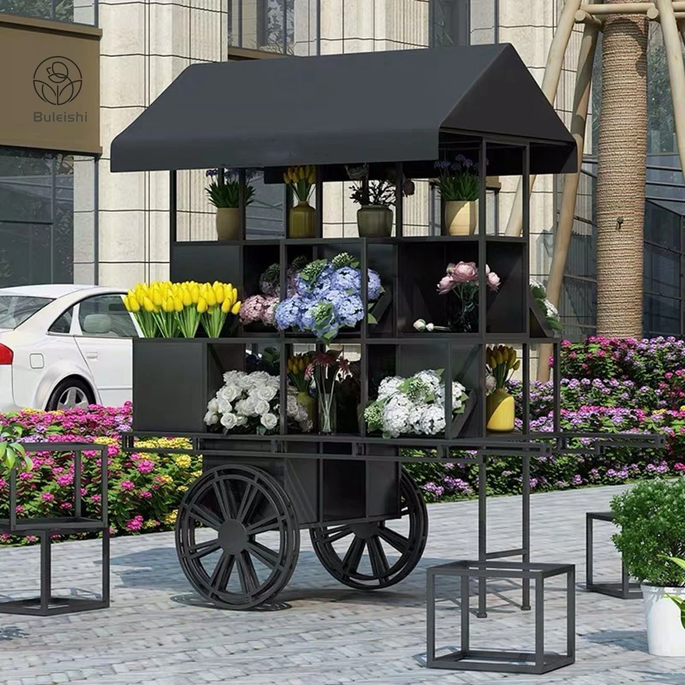 Black Mobile Flower Display Sweet Candy Cart Wedding Carriage Iron Metal Frame Cake Flower Candy Cart