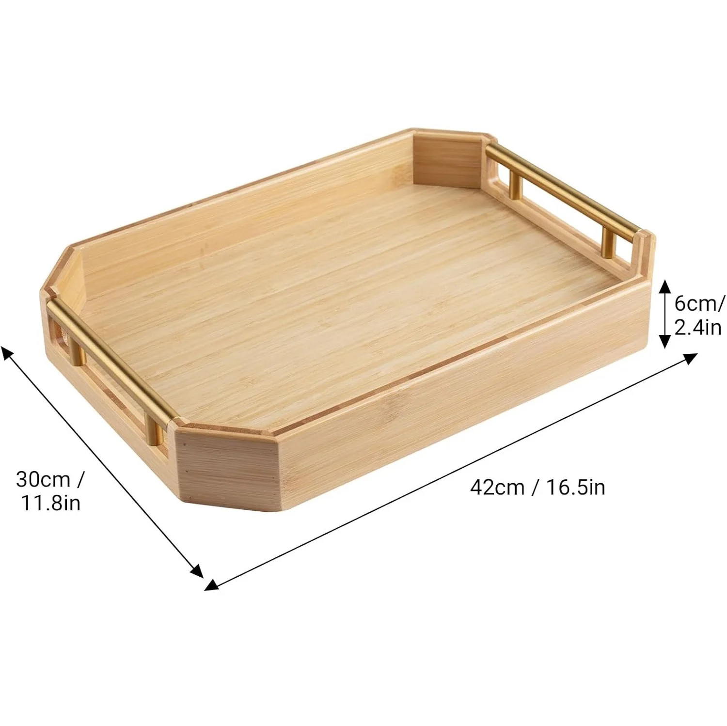 Custom bamboo wooden serving breakfast trays with ergonomic & aesthetic metal handles for milk coffee