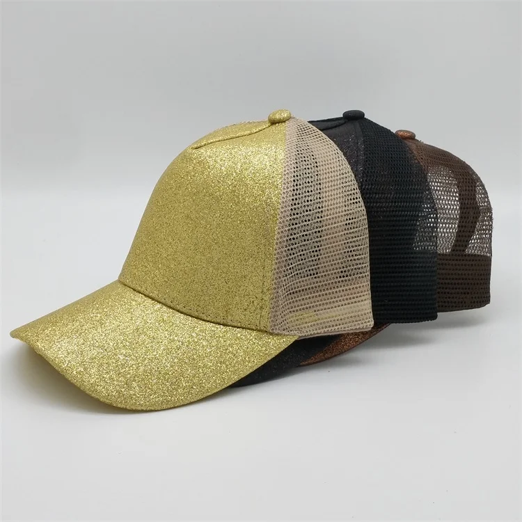 Fashion Custom Blank Performance Bling 5 Panel Ponytail Baseball Cap Mesh Gold Sequin Trucker Hat For Woman