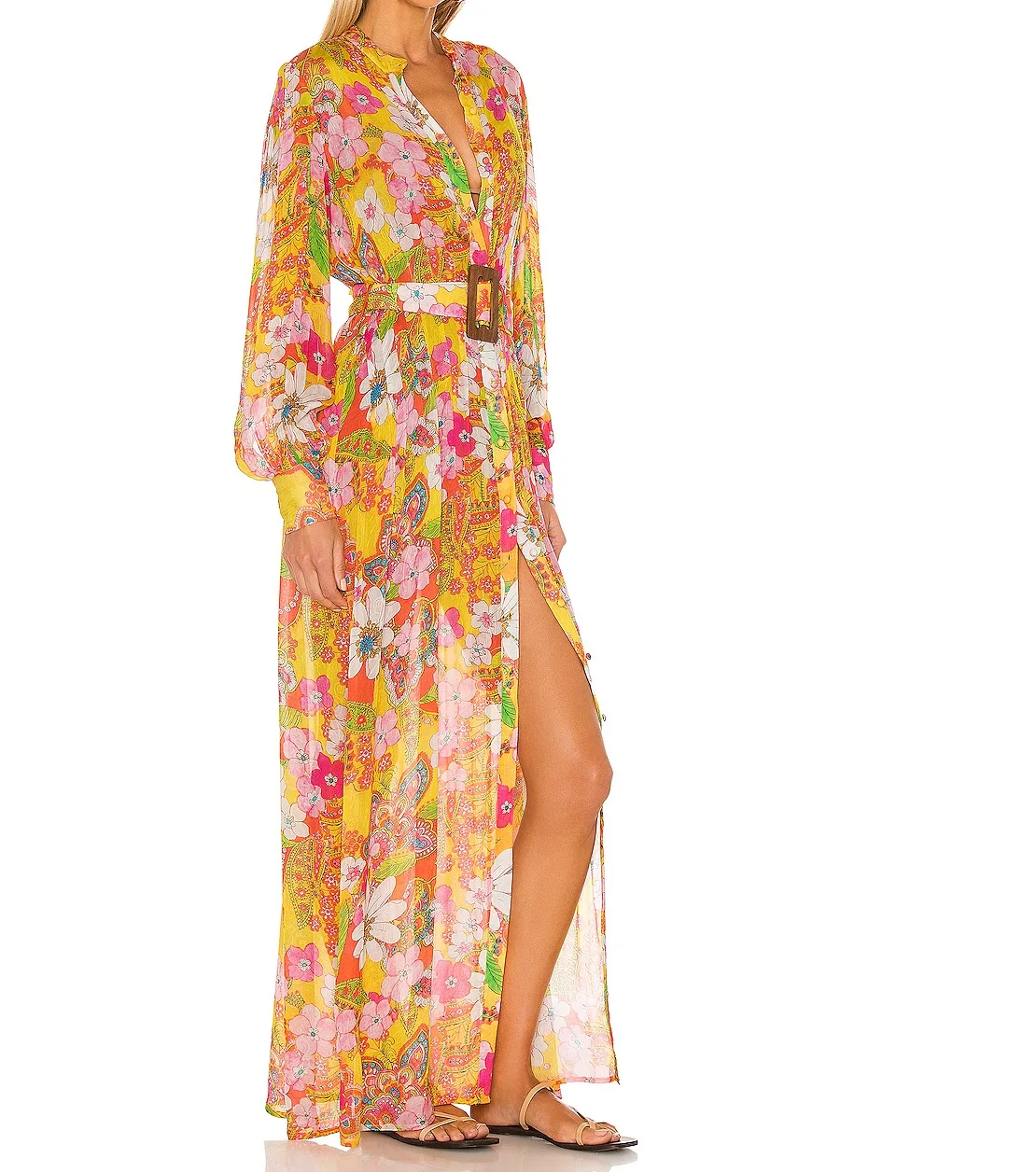 2024 Ladies Summer Floral Print Midi Dresses Casual Daily Clothing Long Sleeve Wholesale MIdi royal blue Dresses with Belt