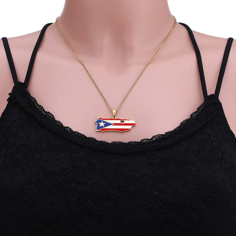 Stainless Steel Enamel Puerto Rico Map Pendant Chain Men Women Puerto Ricans PR Heart Map Necklace