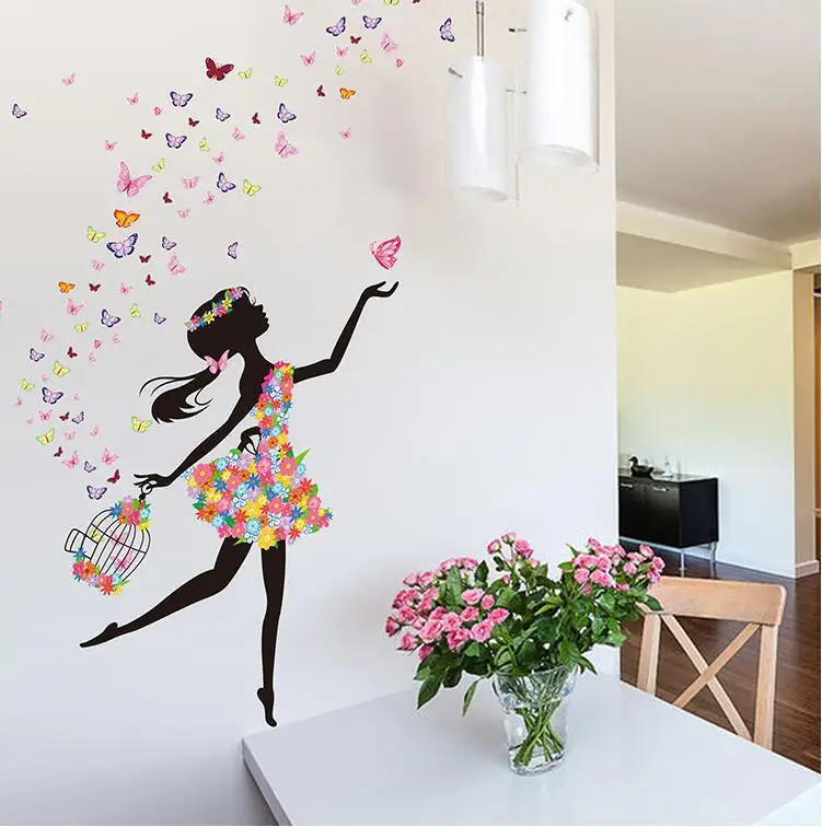MZL Flower Girl Removable Wall Art Sticker Vinyl Decal Kids Room Home Mural Decor Bedroom Butterfly Paper Decorative Painting
